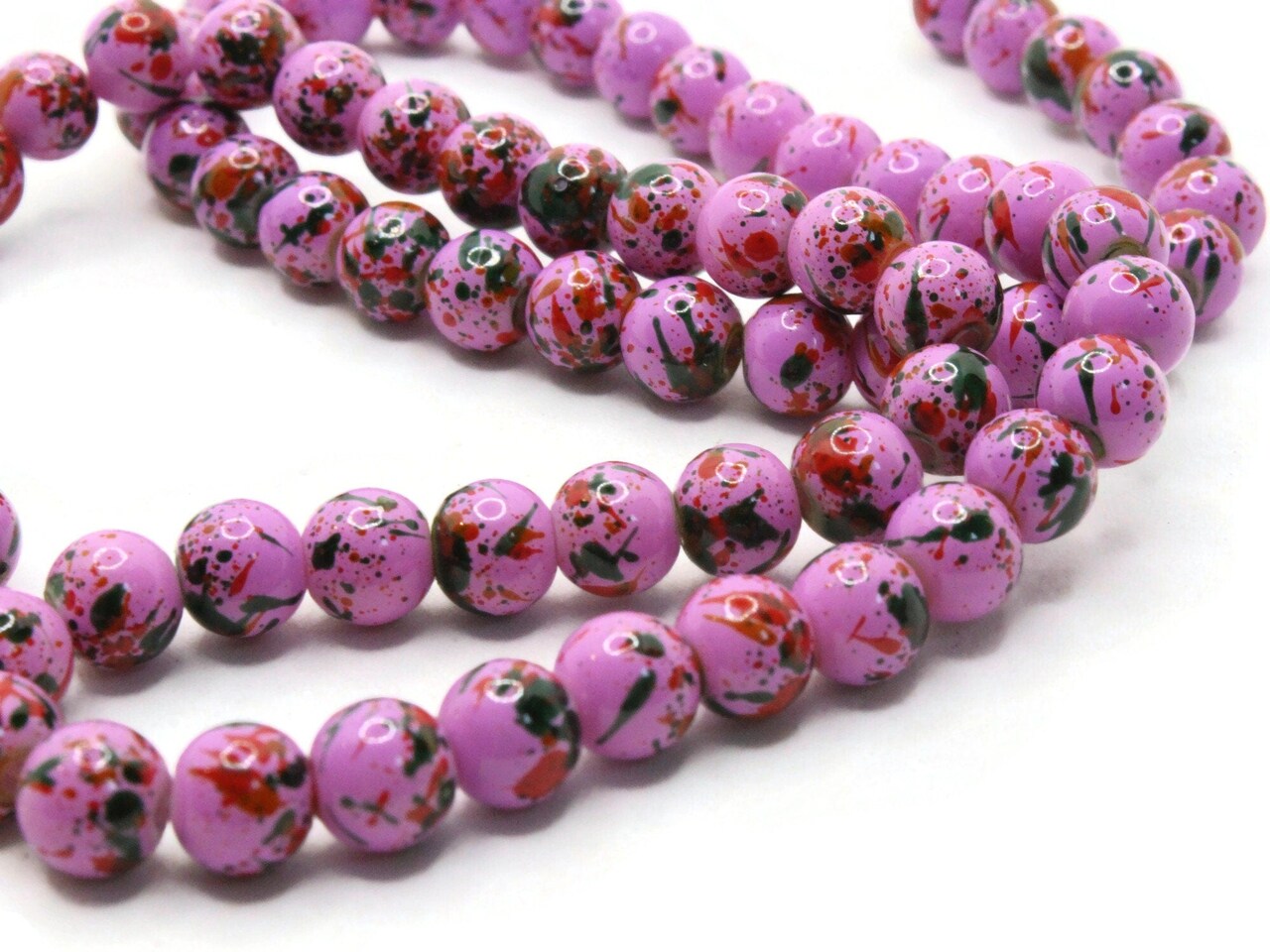 68 6mm Pink with Red and Green Splatter Paint Smooth Round Glass Beads